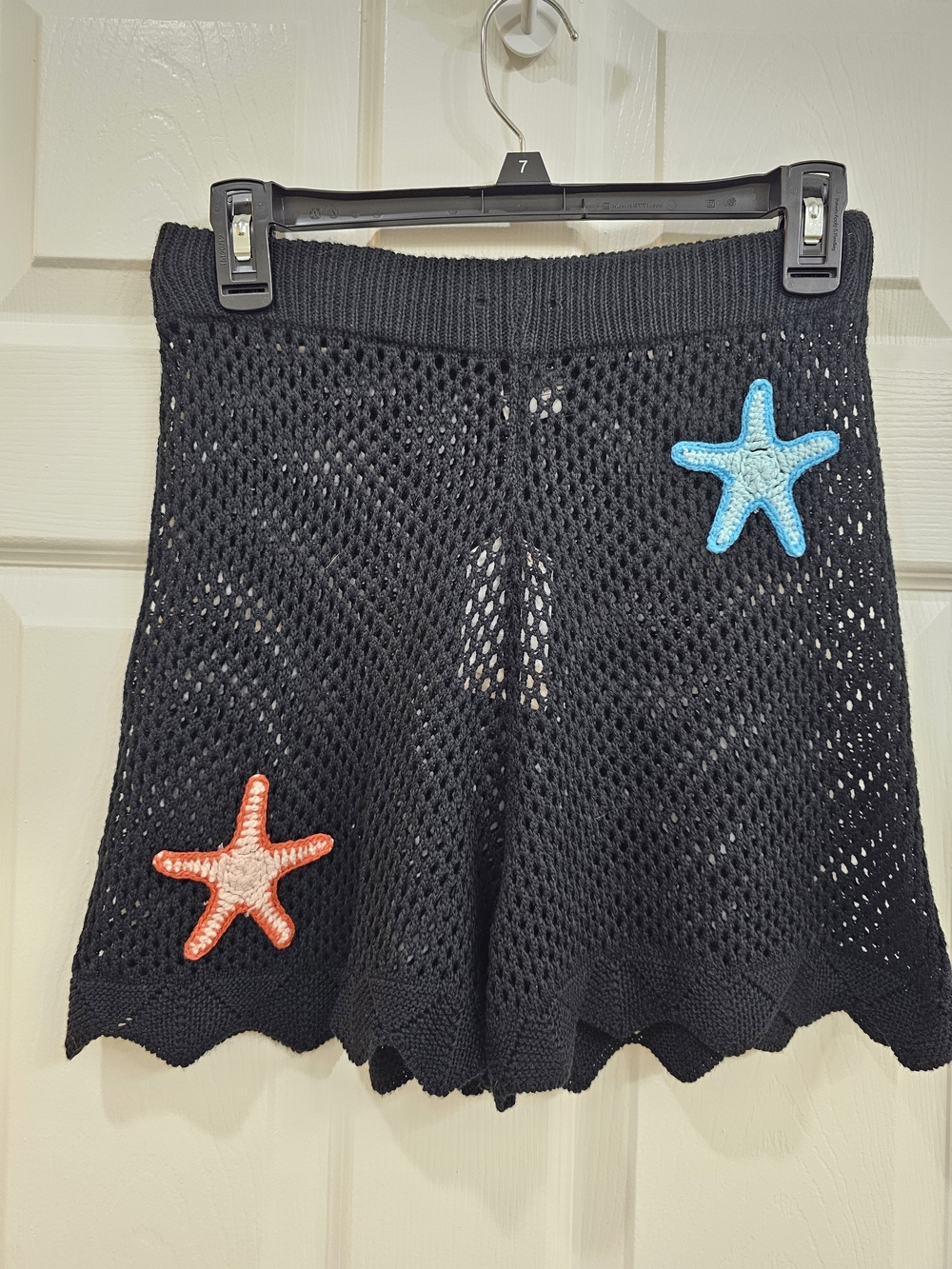 Black Crochet Knit Womens Shorts Bathing Suit Coverup with Star Appliques